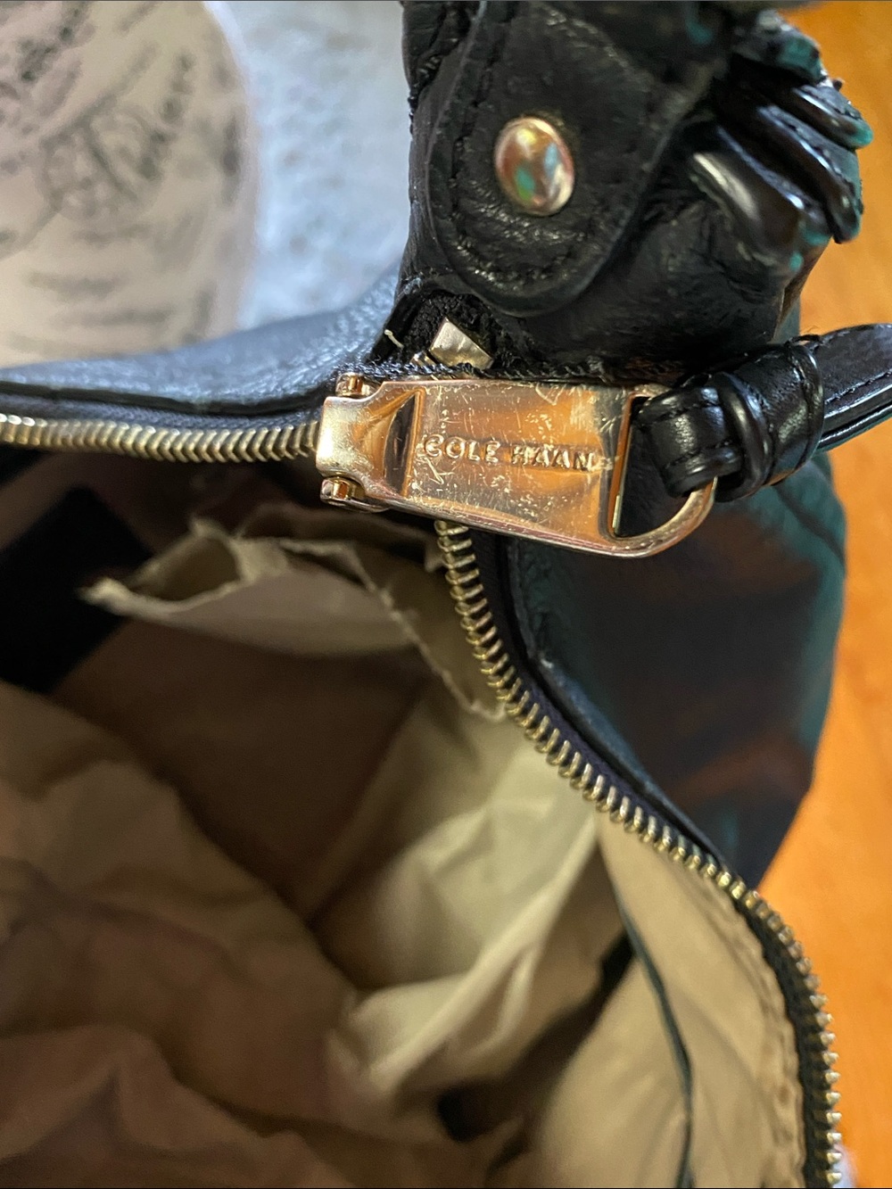 Cole Haan Black pebble Leather Shoulder Bag with Gold-Tone Accents - Picture 10 of 16